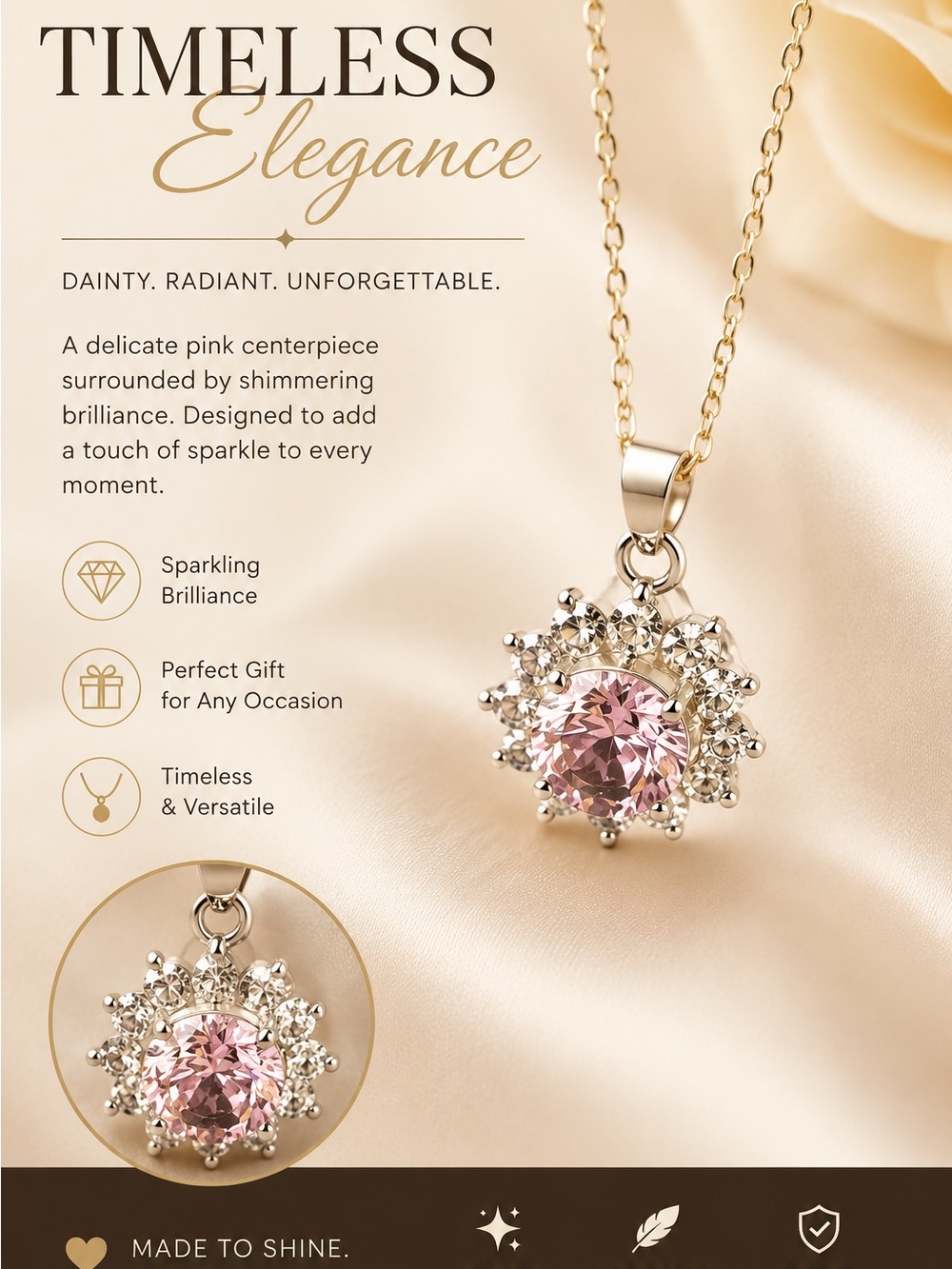 Timeless Elegance Stainless Steel Pink Crystal Pendant Necklace-16”